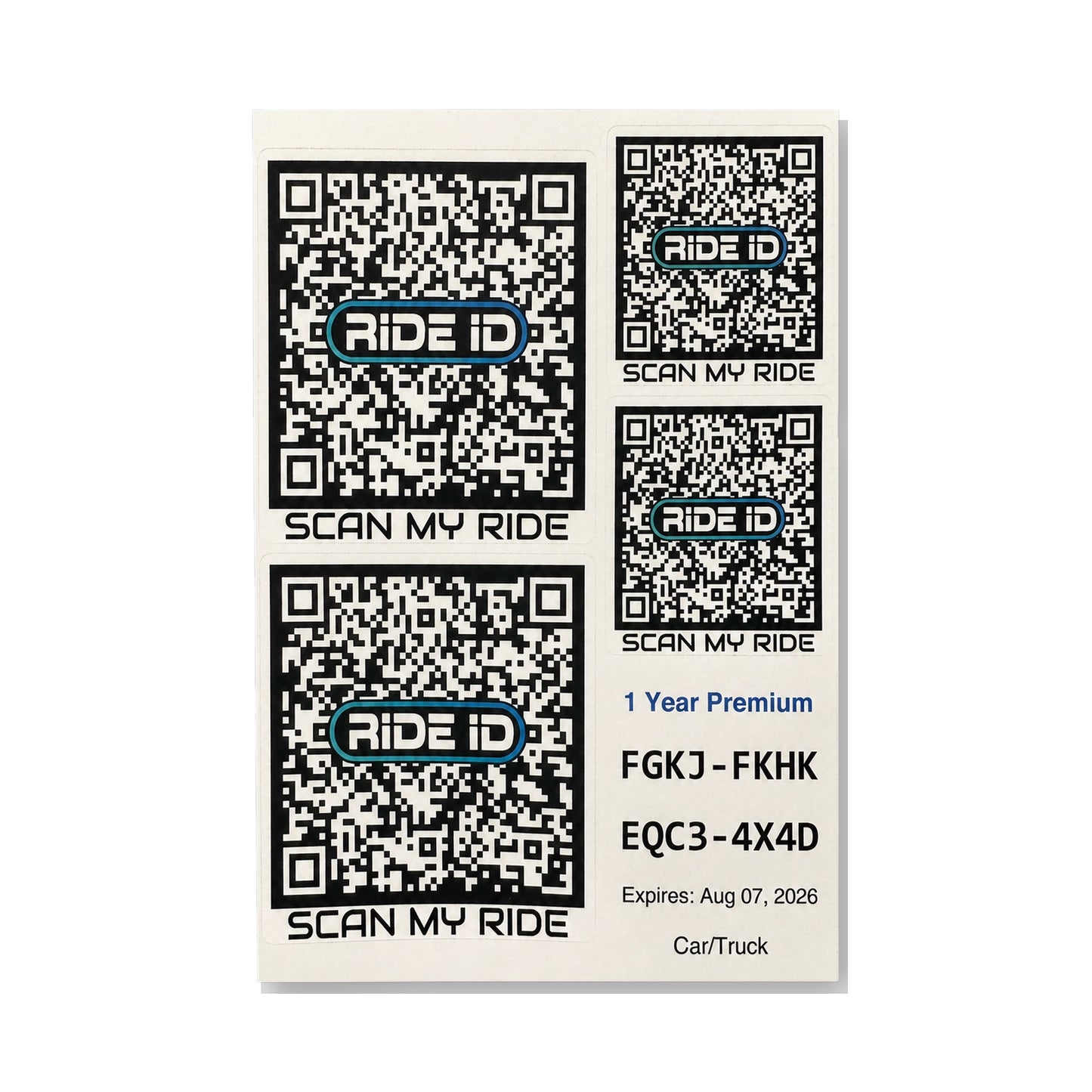 Ride ID QR code sticker sheet with four Scan My Ride QR stickers and a code for a one-year Premium trial