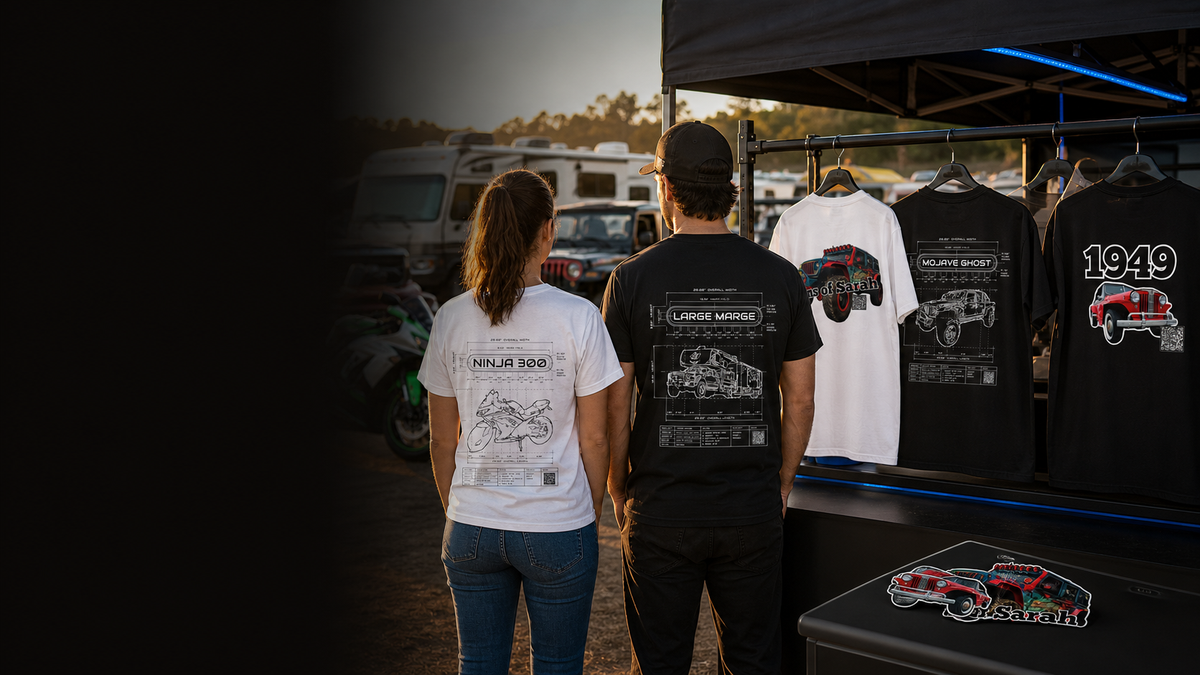Custom RideID merchandise for cars, motorcycles, Jeeps, campers, and classic vehicles at a car show