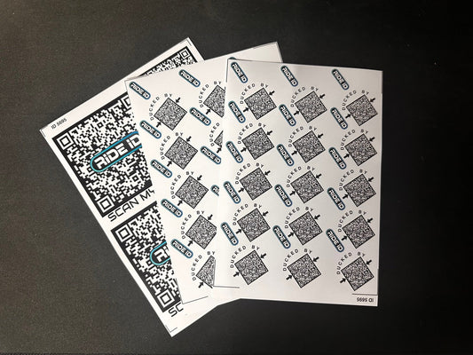 RideID QR code redemption sticker set with three sheets totaling 30 Duck Tags