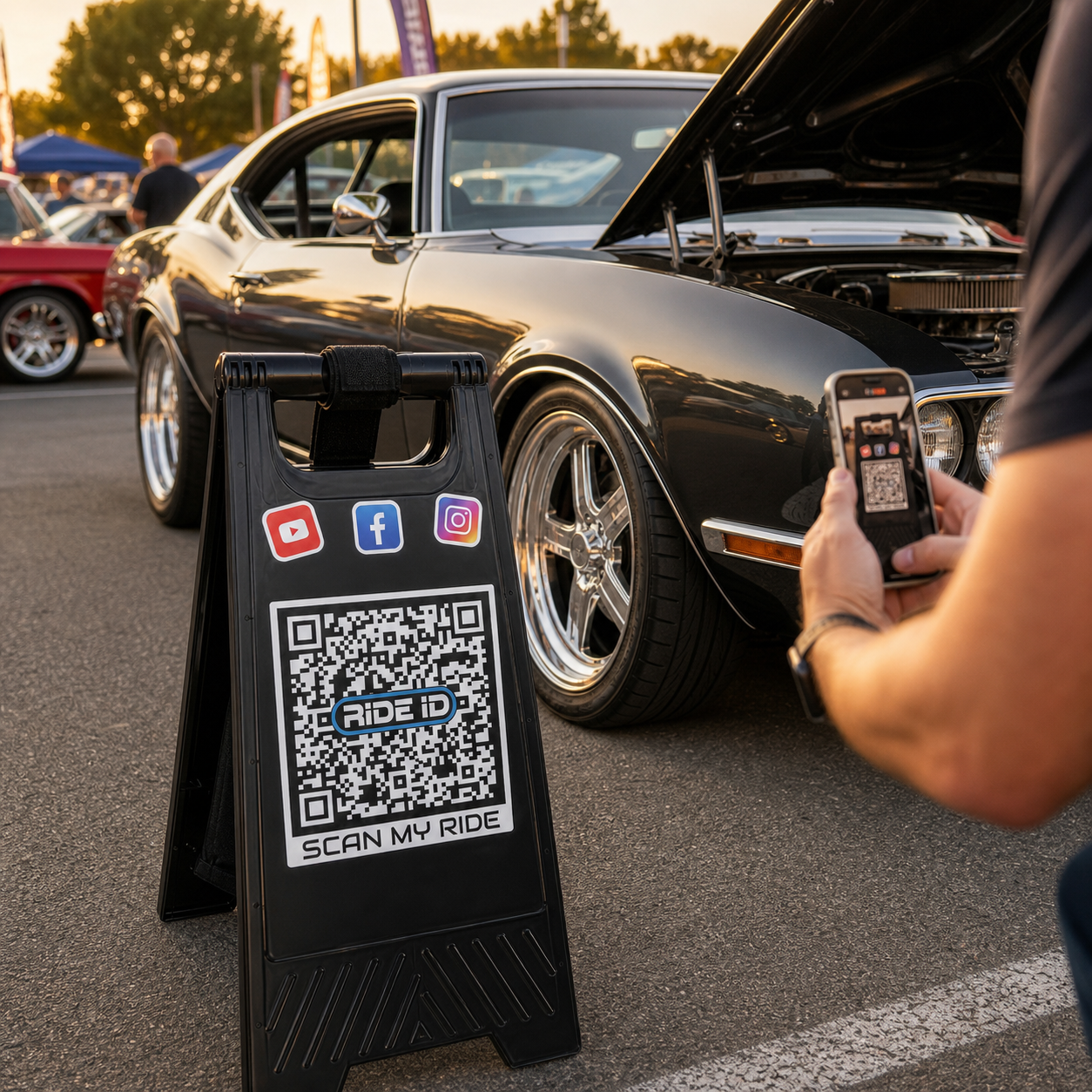 RideID Scan Stand at a car show with a scannable QR display