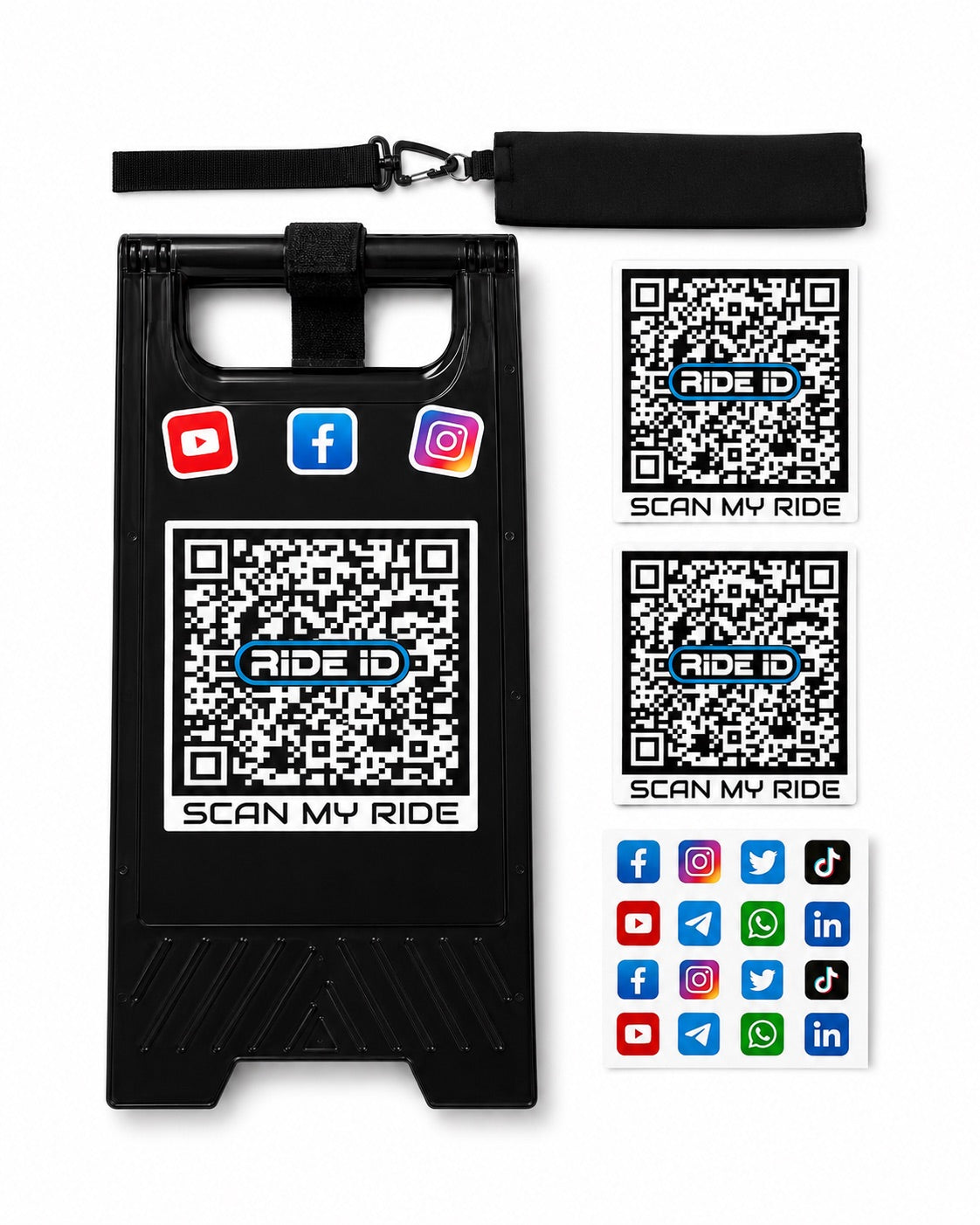 Black RideID Scan Stand kit with carry strap, wind bag, QR panels, and social link stickers