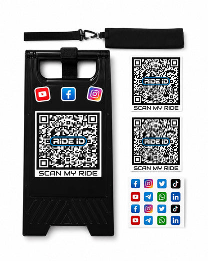 Black RideID Scan Stand kit with carry strap, wind bag, QR panels, and social link stickers