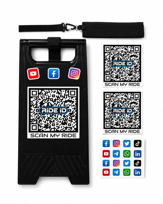 Black RideID Scan Stand kit with carry strap, wind bag, QR panels, and social link stickers