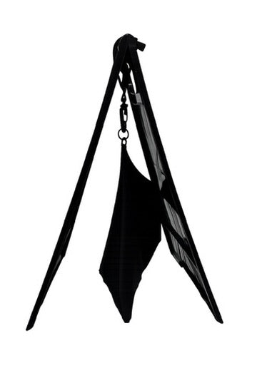 Side view of the folding RideID Scan Stand with the hanging wind bag attached